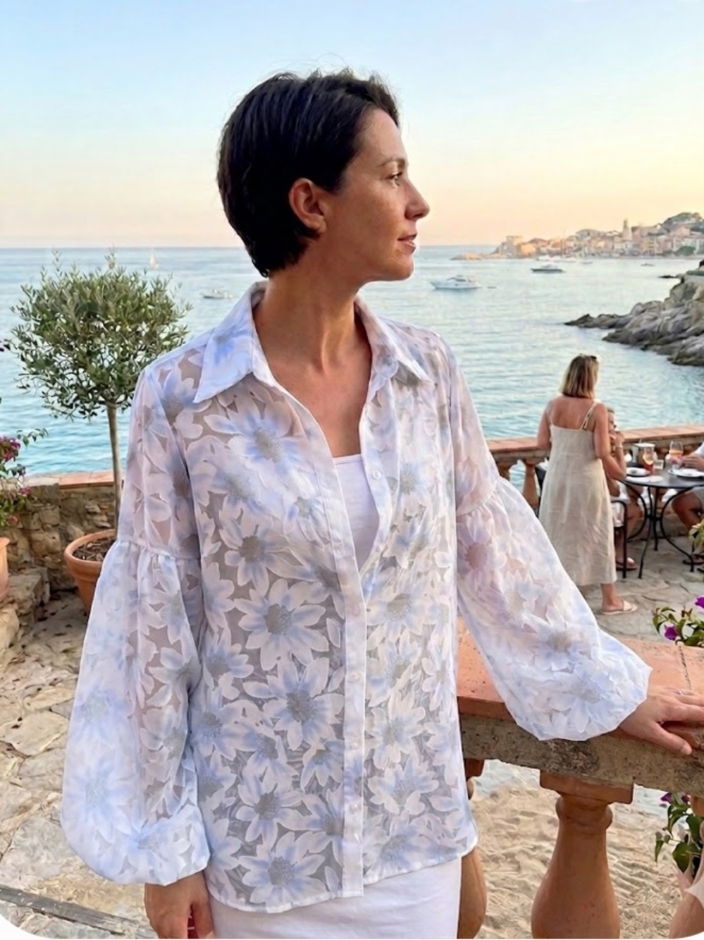 Boston Proper sheer blue daisy floral organza  balloon sleeve button-up shirt